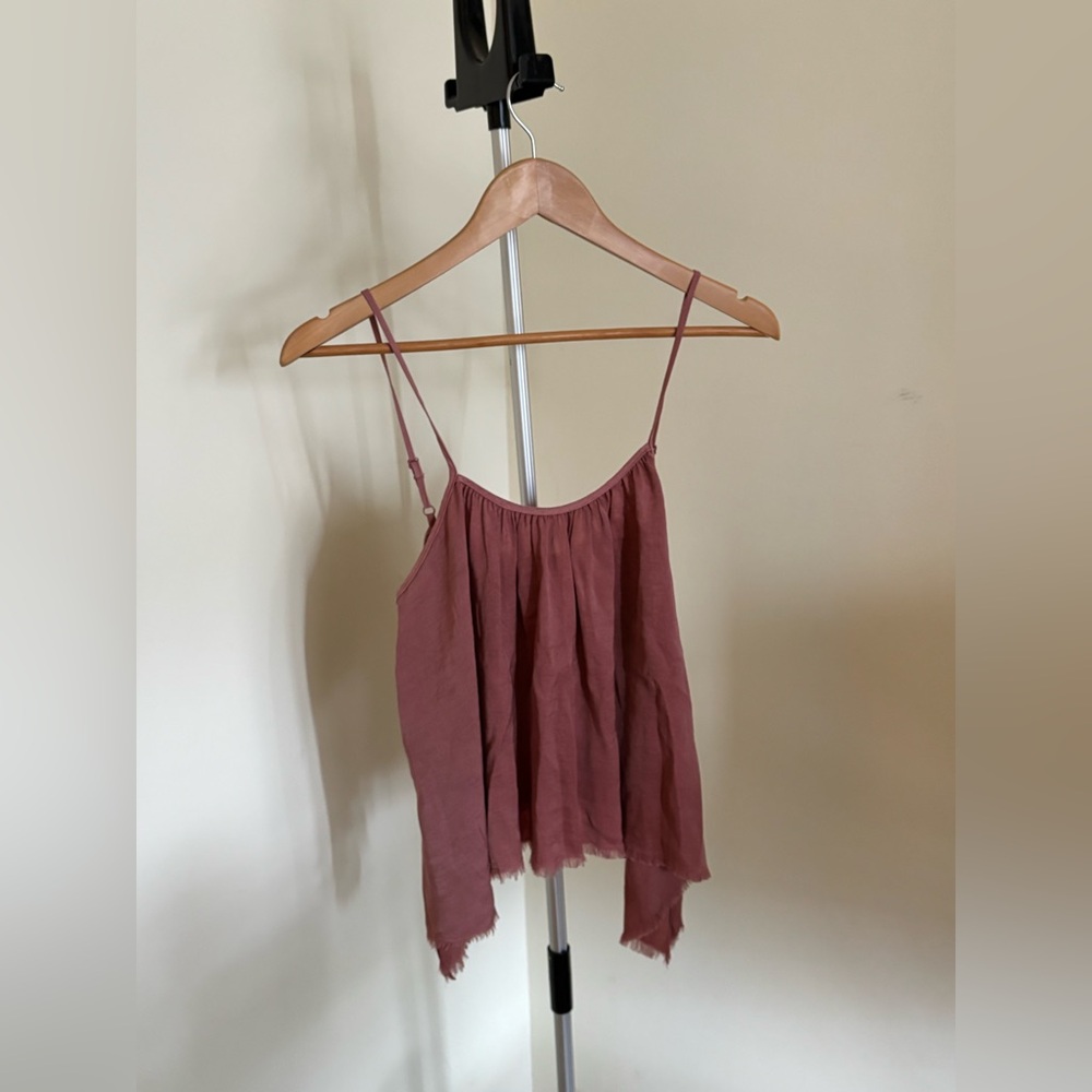 Aerie Satin Cropped Flowy Tank Top with Distressed Hem - Dusty Pink, XS